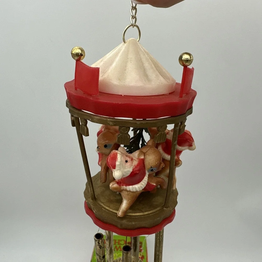 Vintage Wind Chime Christmas Ornament  Santa Riding Reindeer Carousel 1974 w/box